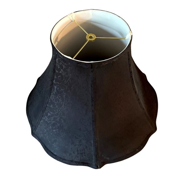 Vtg Black Scalloped Jacquard Fabric Bell Lamp Shade White Liner Vertical Piping - Picture 2 of 5